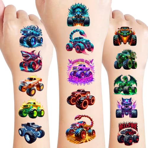 Glow-in-the-Dark Monster Truck Tattoos Set – Waterproof Body Art Stickers for Parties & Events