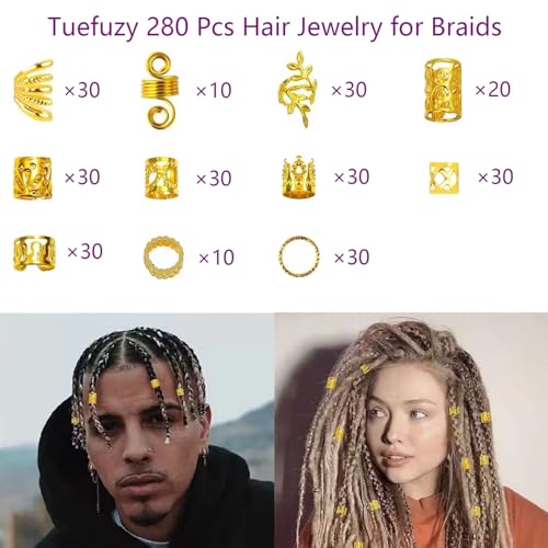 280 Pcs Gold Hair Jewelry for Dreadlocks & Braids - Tuefuzy