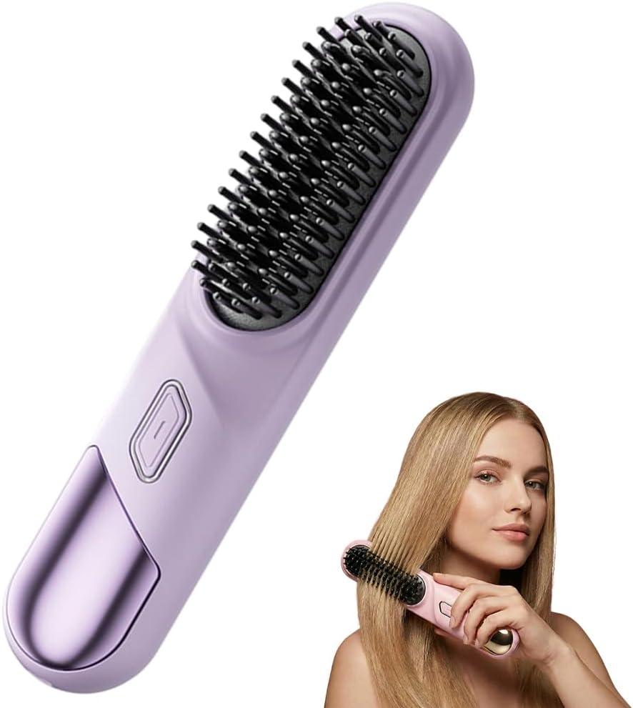 Portable Hair Straightener Brush - Cordless Ionic Comb for Short Hair | MCH Heating, 4 Temp Settings (Pink)