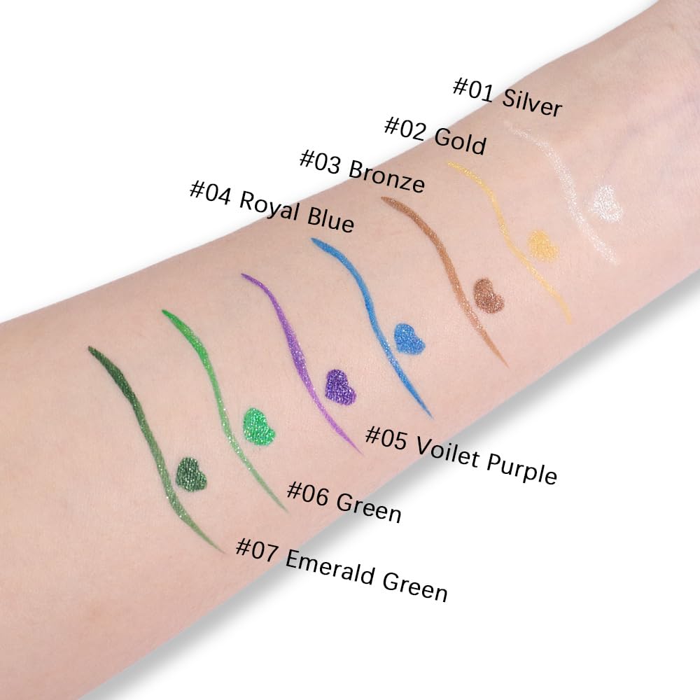 evpct 2Pcs Silver & Gold Glitter Sparkling Liquid Eyeliner, Metallic Shimmer Light Silver Eyeliner Liquid Eye Liner Eyeshadow Pencil Face Body Glitter Makeup, Longwear Waterproof, Eyelashes Mascara