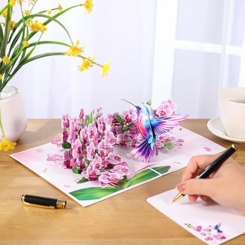 3D Hummingbird Pop-Up Birthday Card for Women - Purple Orchid Design