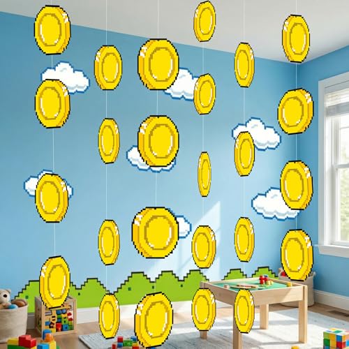 48 Pcs Brother Theme Video Game Hanging Decorations - Gold Coin Ornaments