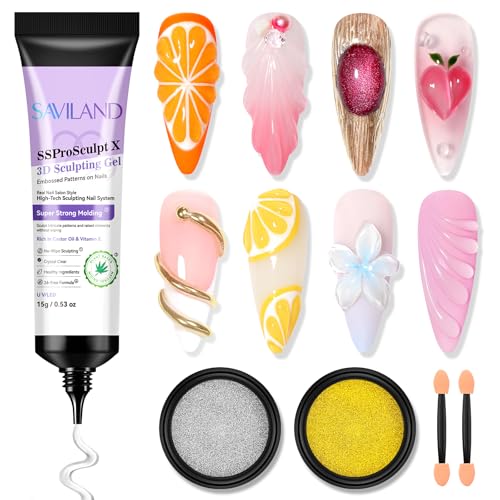 SAVILAND 3D Nail Gel Kit with Chrome Powder - No Wipe Sculpting & Art Supplies