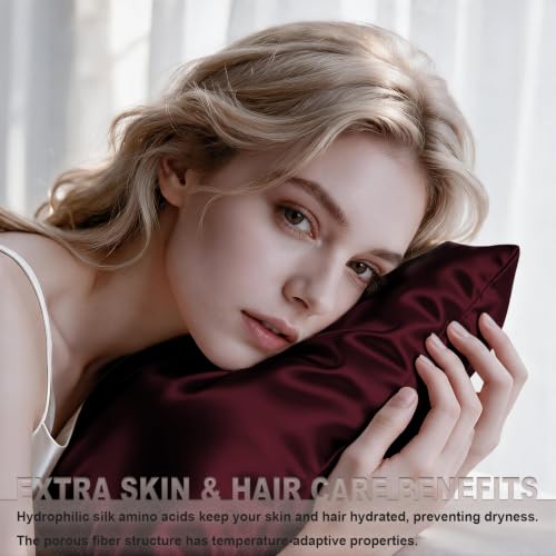 LYSHIN Mulberry Silk Pillowcase - Standard Size, Burgundy - Anti-Acne & Cooling