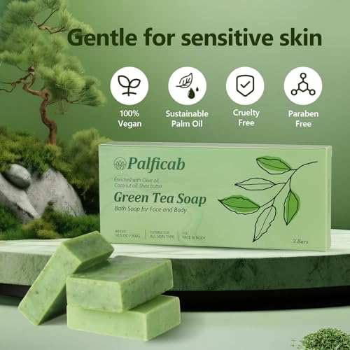 PALFICAB Green Tea Soap Bars, 3.5oz 3-Pack with Purple Soap Saver Bag