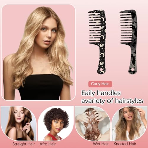 QIUPINGLI 2PCS Wide-Tooth Comb with Cute Handle - Gentle Detangling for All Hair Types (Bat Skull / 2)