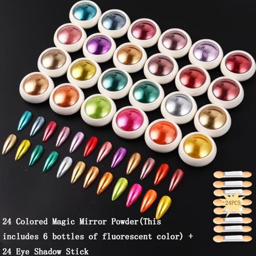 24Pcs Chrome Nail Powder Set with Mirror & Holographic Finishes, Professional Nail Art Kit