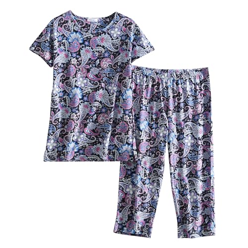 Blue Paisley Women's Pajama Set - Cotton Short Sleeve Top & Capri Pants, XX-Large
