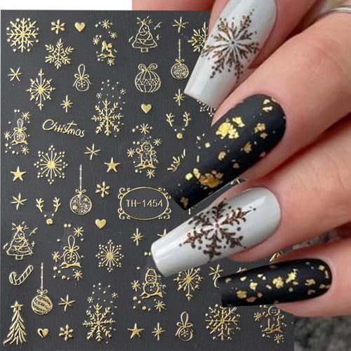 POWPOP Xmas Design2 8 Sheets 3D Gold Nail Stickers – Snowflake, Tree, Candy Cane Christmas Nail Art
