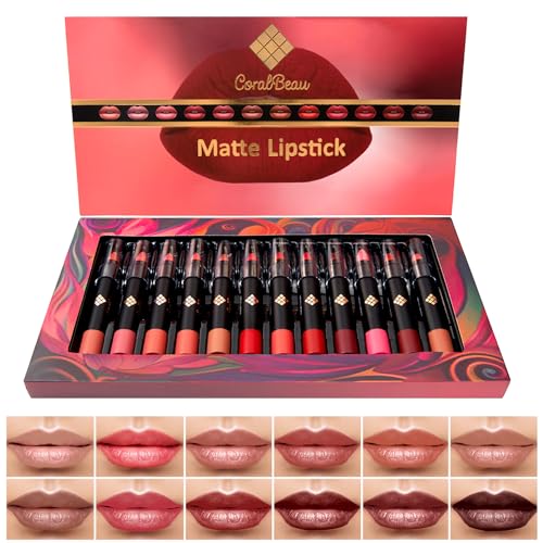 CoralBeau 12-Piece Matte Lipstick Set - Long-Wearing Waterproof Lip Crayons
