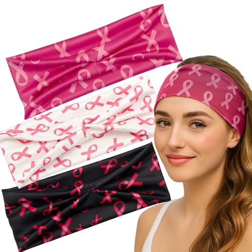 Heyiminy 3-Pack Pink Ribbon Headbands for Breast Cancer Awareness Women’s Hair Accessories