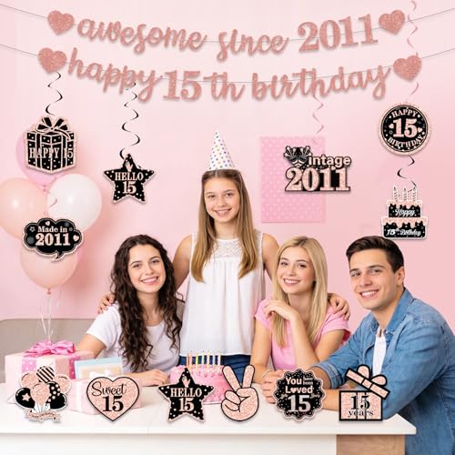 Glitter Rose Gold 15th Birthday Banner Decorations for Girls