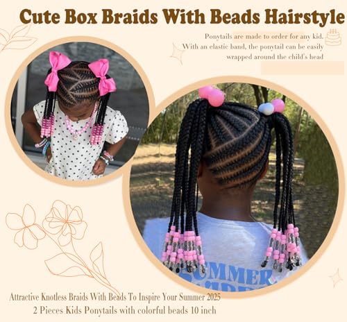 YOROSTAR Kids Ponytail Box Braids with Beads - 10 Inch Pink Beads, 2 Pieces