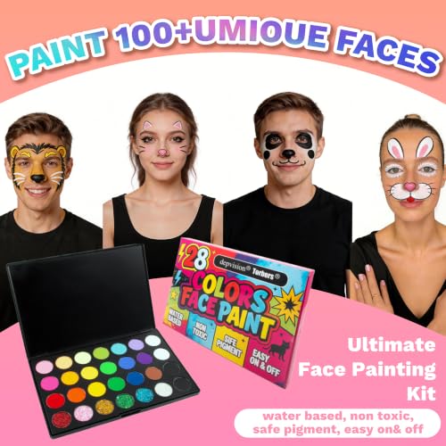 Professional Face Painting Kit with 28 Colors, Brushes, Sponges & Stencils for Kids & Adults