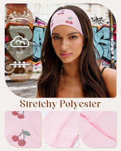 Mesovor 3-Pack Stretchy Cherry Rhinestone Headbands for Women & Girls