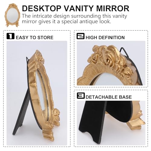 Portable Oval Resin Makeup Mirror with Rose Relief Frame