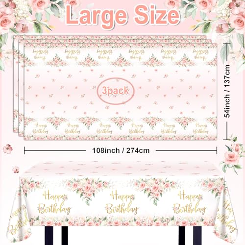 Rose Gold Floral Birthday Tablecloths - 3 Pack, 108 x 54 Inch