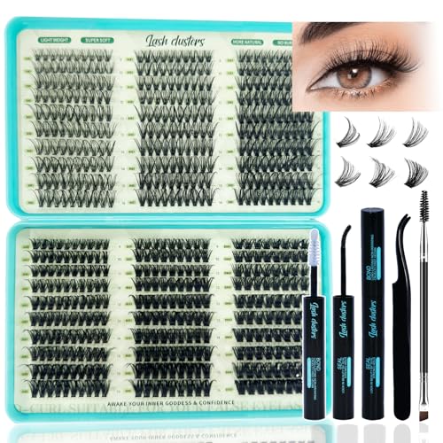 Uikreo 600 Pcs Lash Clusters Kit with 30D+40D+50D+60D+80D+100D, 9-16mm D Curl Fake Eyelashes with Glue & Seal for Natural Look