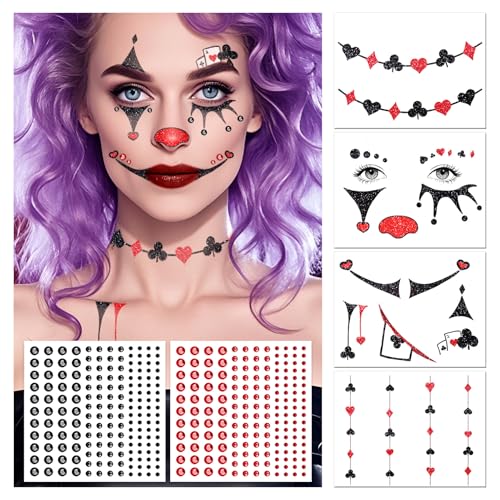 Halloween Clown Face Tattoos & Face Gems Costume Makeup Kit