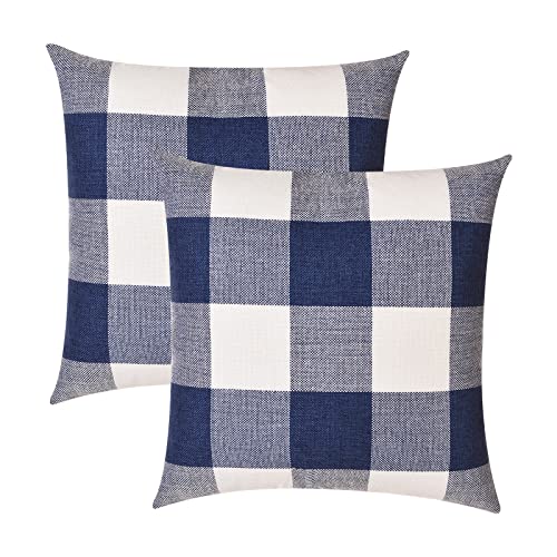 Tosewever Set of 2 Blue & White Buffalo Check Pillow Covers - 20" x 20" Cotton Linen Cushion Cases for Farmhouse Home Decor
