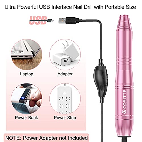 COSITTE Portable Electric Nail Drill for Manicure & Pedicure - USB Efile Kit, Pink