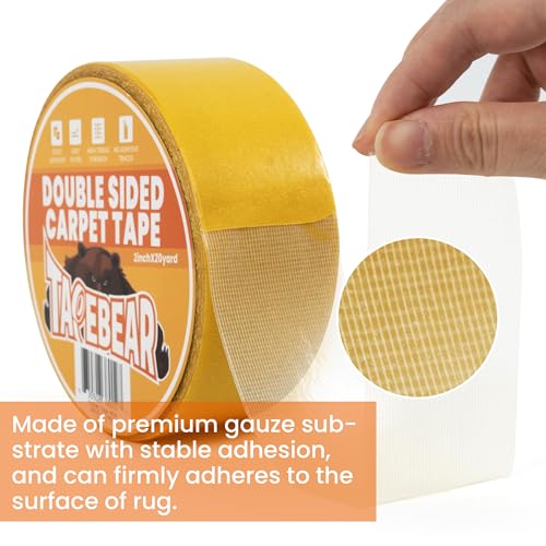TAPEBEAR Double Sided Carpet Tape - 2 Inch x 20 Yards, Heavy Duty, Residue-Free Gripper for Rugs and Floors
