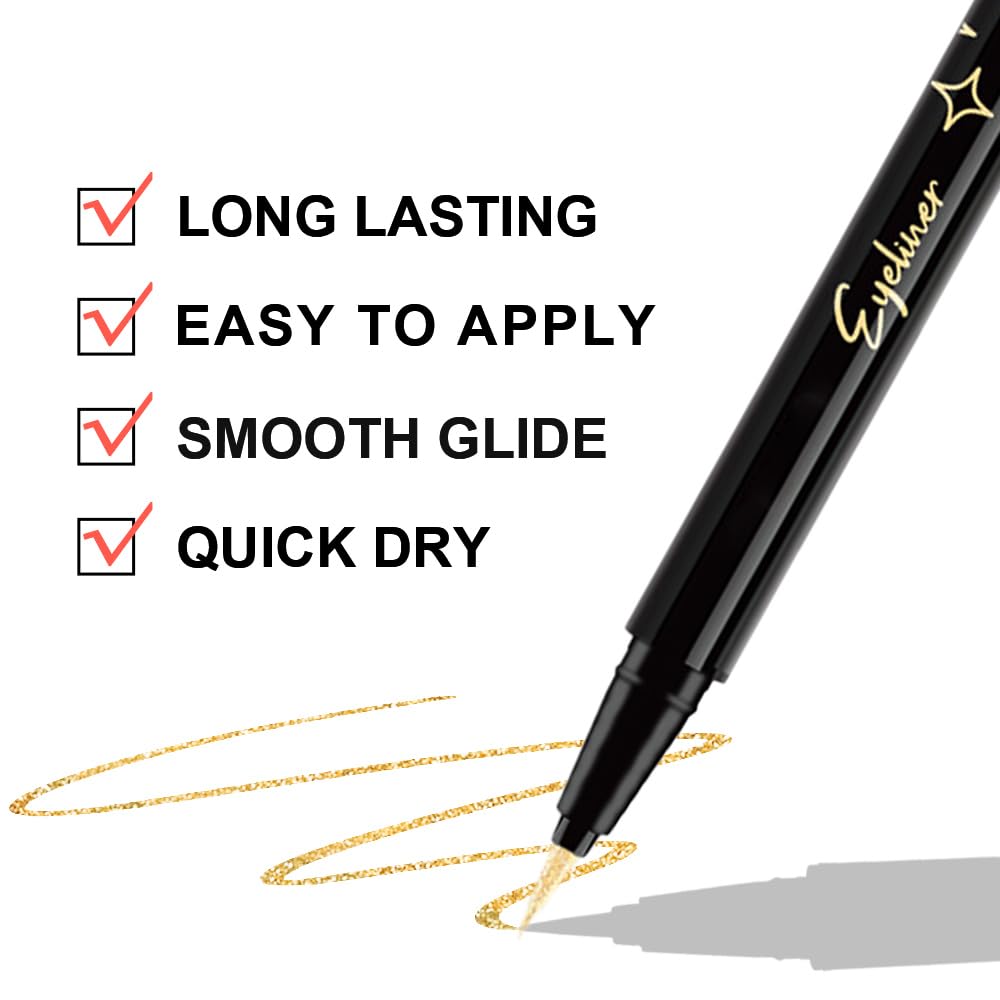 evpct 2Pcs Silver & Gold Glitter Sparkling Liquid Eyeliner, Metallic Shimmer Light Silver Eyeliner Liquid Eye Liner Eyeshadow Pencil Face Body Glitter Makeup, Longwear Waterproof, Eyelashes Mascara