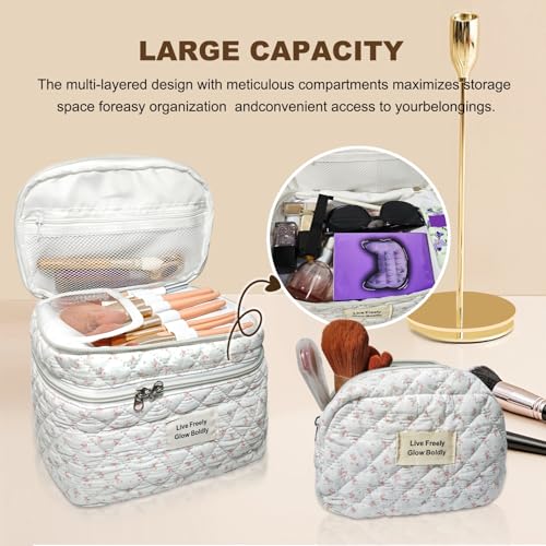 ZERFLUMP 3Pcs Travel Quilted Makeup Bag Set Pink Floral - Double Layer Cosmetic Organizer for Women