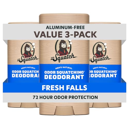 Dr. Squatch Natural Men¡¯s Deodorant ? Aluminum Free Natural Deodorant Men with Charcoal & Postbiotics for 72-Hour Odor Protection ? Fresh Falls, 2.65oz Stick (3-Pack)