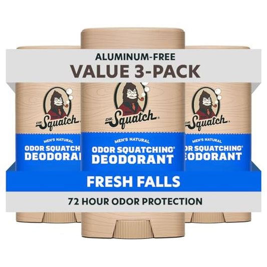 Dr. Squatch Natural Men¡¯s Deodorant ? Aluminum Free Natural Deodorant Men with Charcoal & Postbiotics for 72-Hour Odor Protection ? Fresh Falls, 2.65oz Stick (3-Pack)