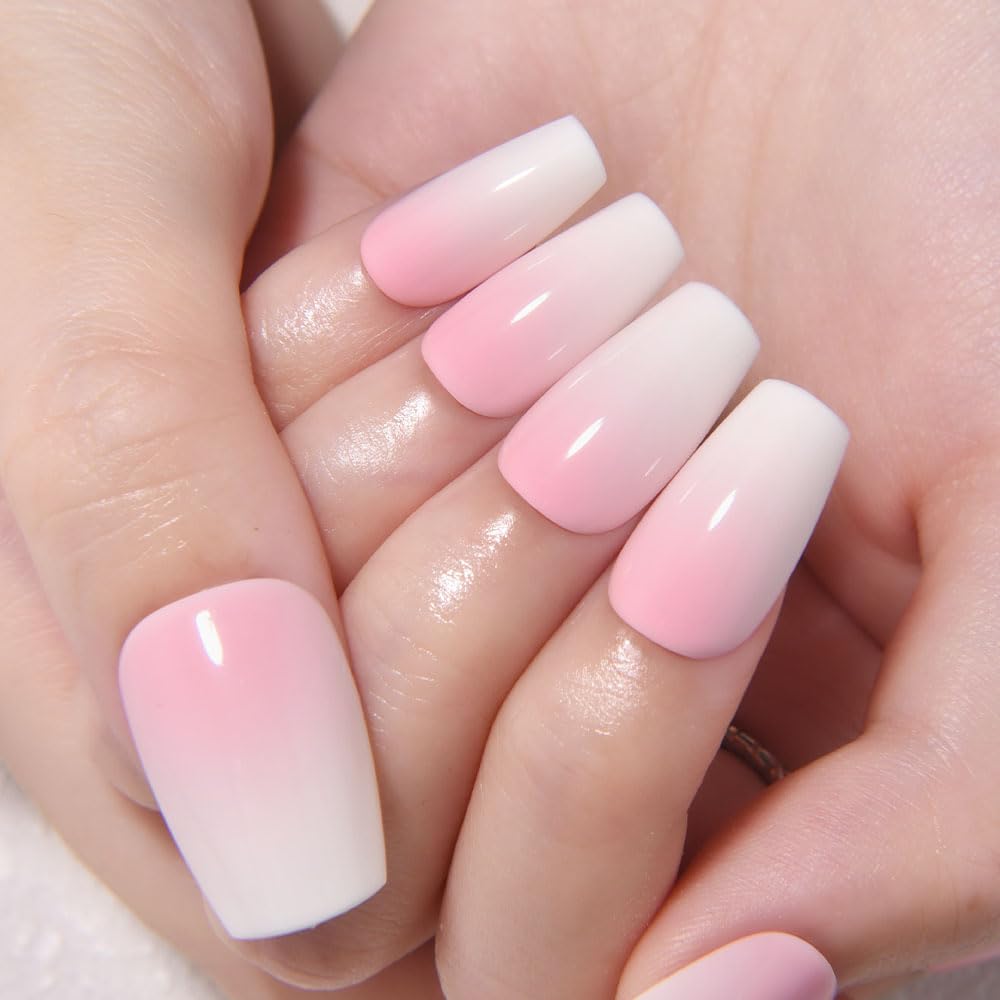 Ombre Press-On Nails - White & Light Pink Coffin Acrylic Design | 30 Pcs Reusable DIY Nail Art Kit for Women
