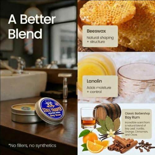 State Trooper Bay Rum Mustache Wax - Medium Hold Natural Styling, 2 oz