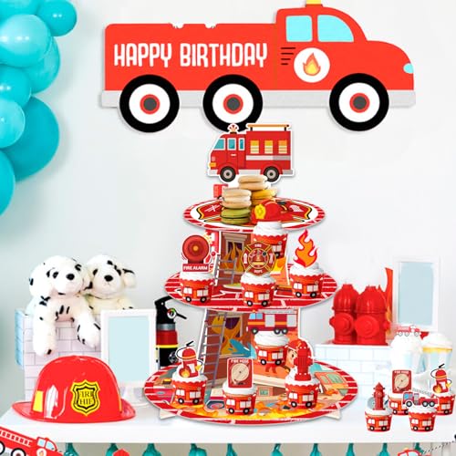 Firefighter Cupcake Stand Set with 12 Fire Truck Toppers
