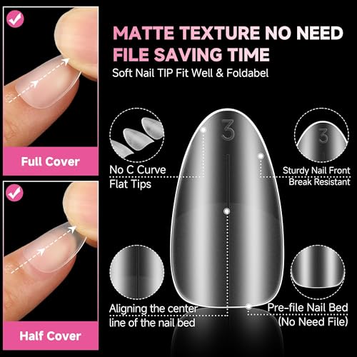 UNA GELLA Z-Short Almond Nail Tips - 312Pcs Full Matte Acrylic Nails