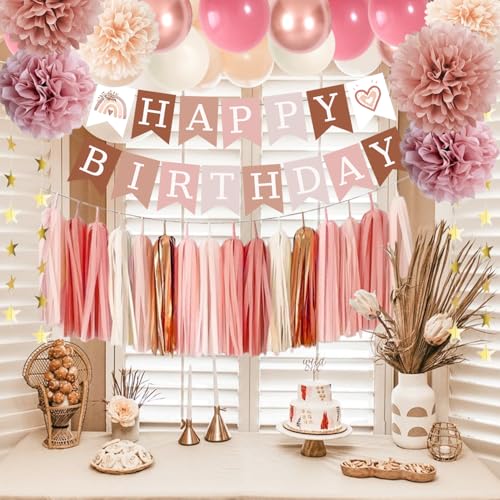 Retro Blush Pink Birthday Decorations Set for Women | Boho Party Essentials
