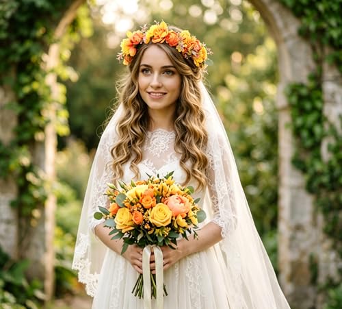 Orange Floral Crown Bridal Headband - Adjustable Boho Flower Wreath