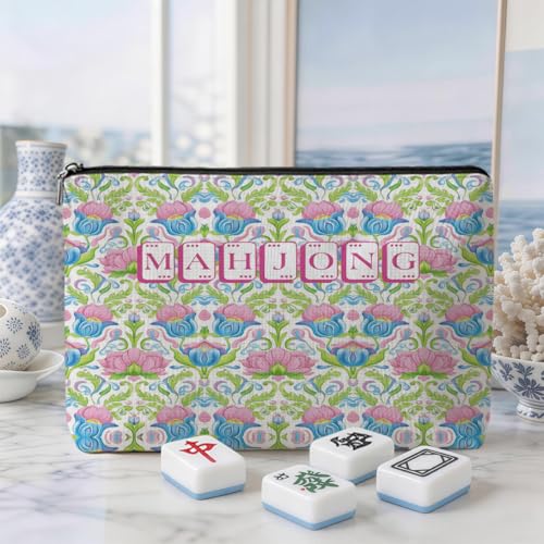 Pink Tulip Mahjong Tile Bag with Zipper Case - Multicolor, Blue Leaves