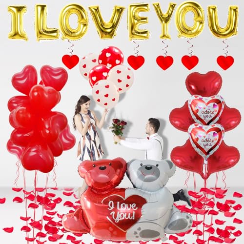Valentine's Day Balloon Decoration Set with Teddy Bear & Rose Petals