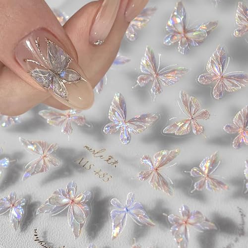 Dornail 3D Aurora Shell Butterfly Nail Stickers - Pink Laser Nail Art Decals for Manicure & DIY Nails