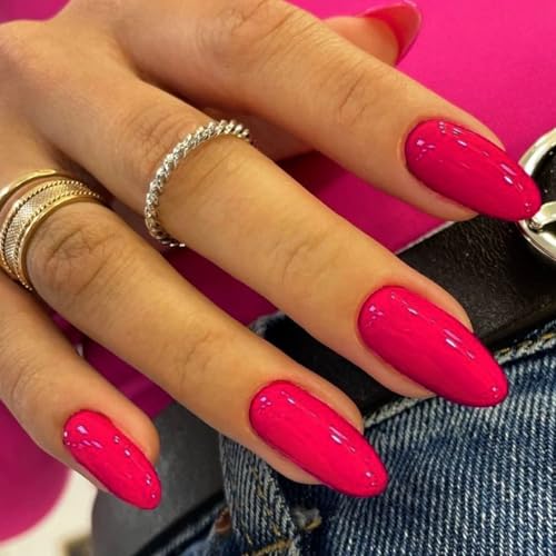 Glamermaid Hot Pink Press-On Nails Medium Almond Rose Fake Nails - Amusing Temptation