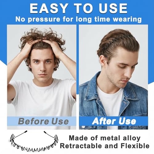 KELUBATU Metal Headband for Men, 10 Pcs Non-Slip Wave Hair Band - Black-C