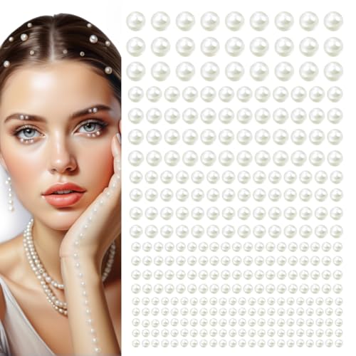 qiipii Beige White Flatback Pearls Stickers Self-Adhesive Jewelry for Nails Face Hair 3/4/5/6/8mm