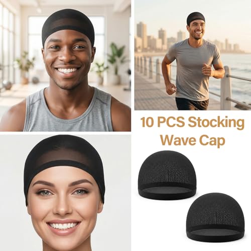 10pcs Soft Breathable Wave Caps for Men - Polyester Skull Cap