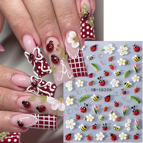 Spring Nail Art Stickers - 2 Sheets of 5D Ladybugs & Flowers