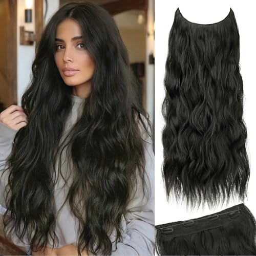 TressGlam 24 Inch Wavy Halo Hair Extensions - Natural Black Invisible Wire