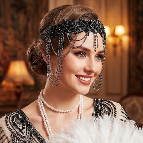 GORTIN 1920s Flapper Headpiece - Black Rhinestone Headband (1 Count)