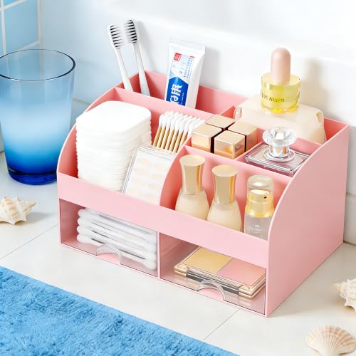 Pink Makeup Organizer with 2 Drawers, Cosmetic Storage for Vanity & Bathroom
