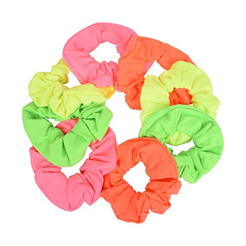 Motique Accessories Set of 8 Neon Scrunchies - Pink Yellow Green Orange, Solid Jersey Cotton