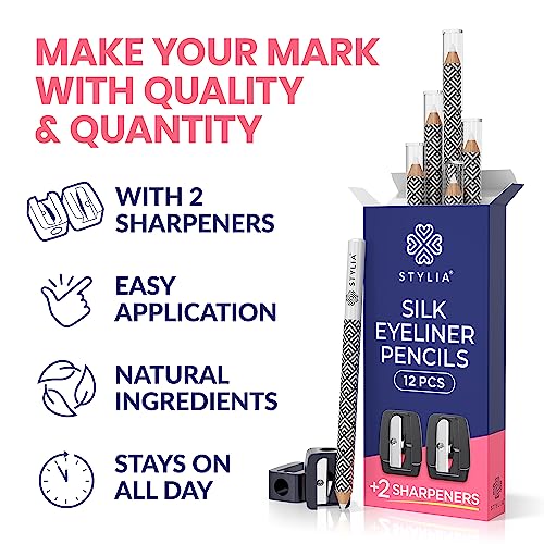 Stylia Waterproof White Eyeliner Pencil - 12 Pack Long-Lasting Eye Highlighter