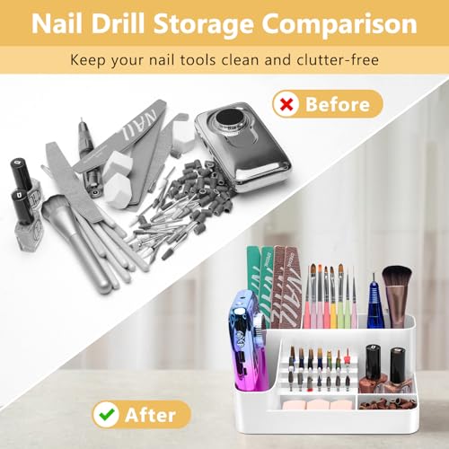 White CGBE Nail Drill Holder with 28 Holes & Storage Compartments
